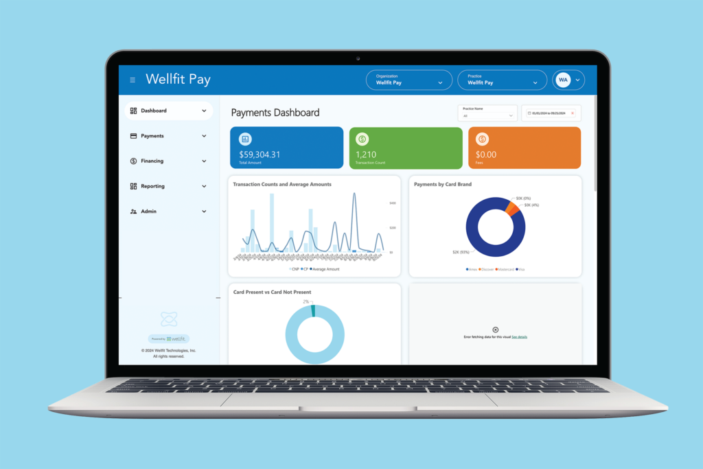 Laptop screen displaying Wellfit Pay's home screen